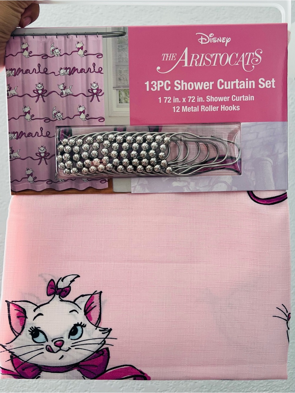 Disney The Aristocats Pink Shower Curtain Set with Silver Hooks